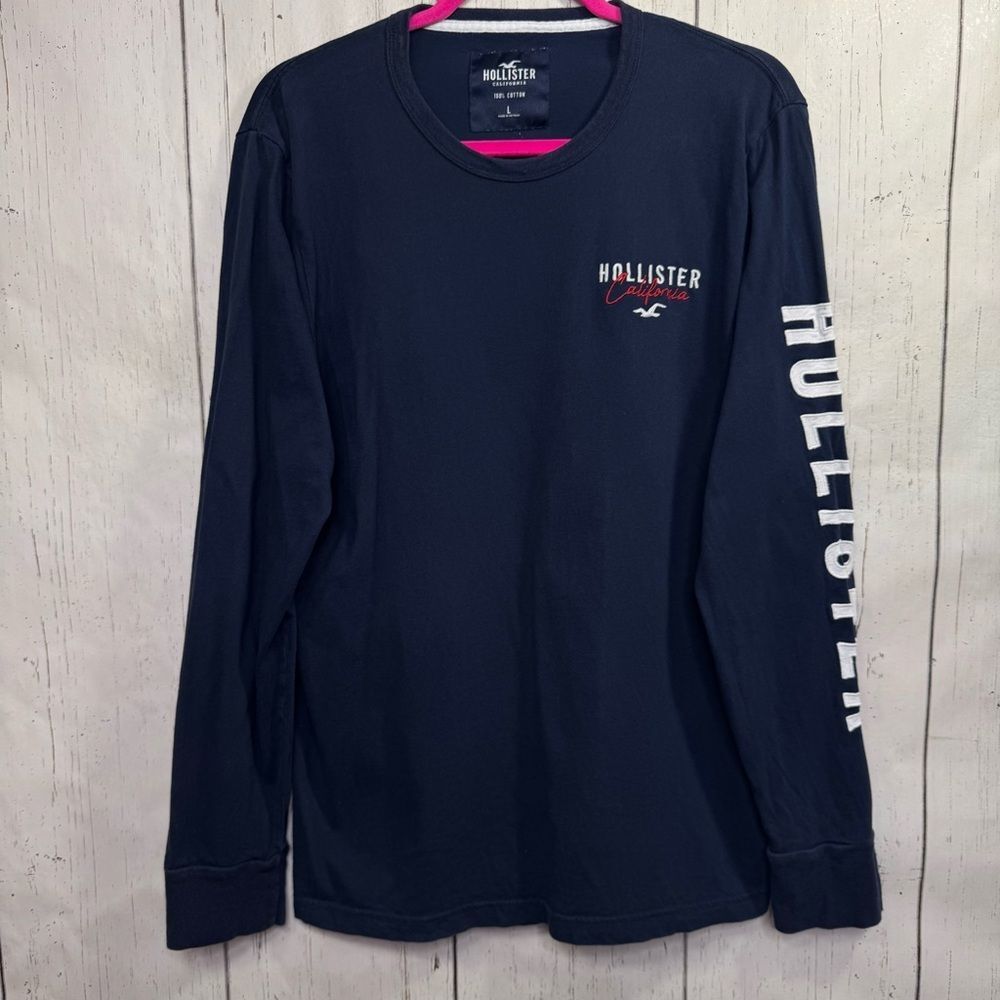 Hollister California Navy Long Sleeve Tee Cotton Shirt Size L Spell Out Logo